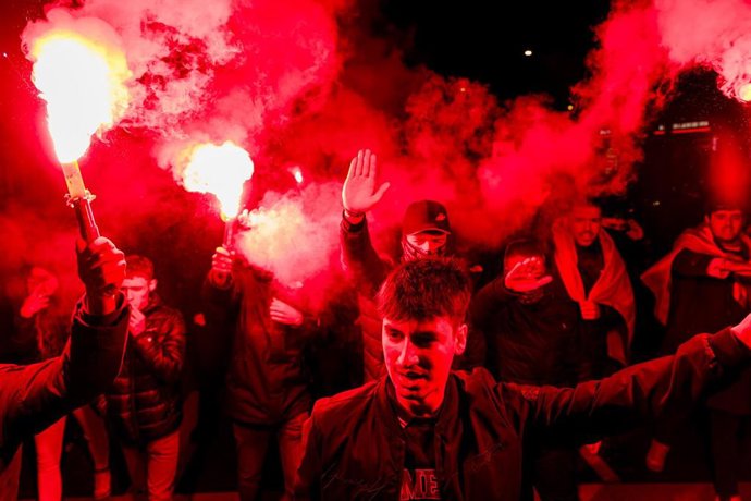 Un grupo de falangistas durante una manifestación para conmemorar el 20-N en Madrid