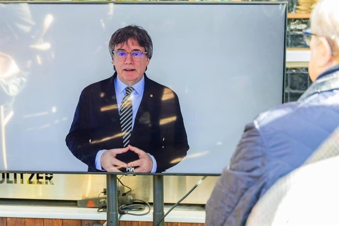 El líder de Junts, Carles Puigdemont, durant la seva intervenció en l'acte