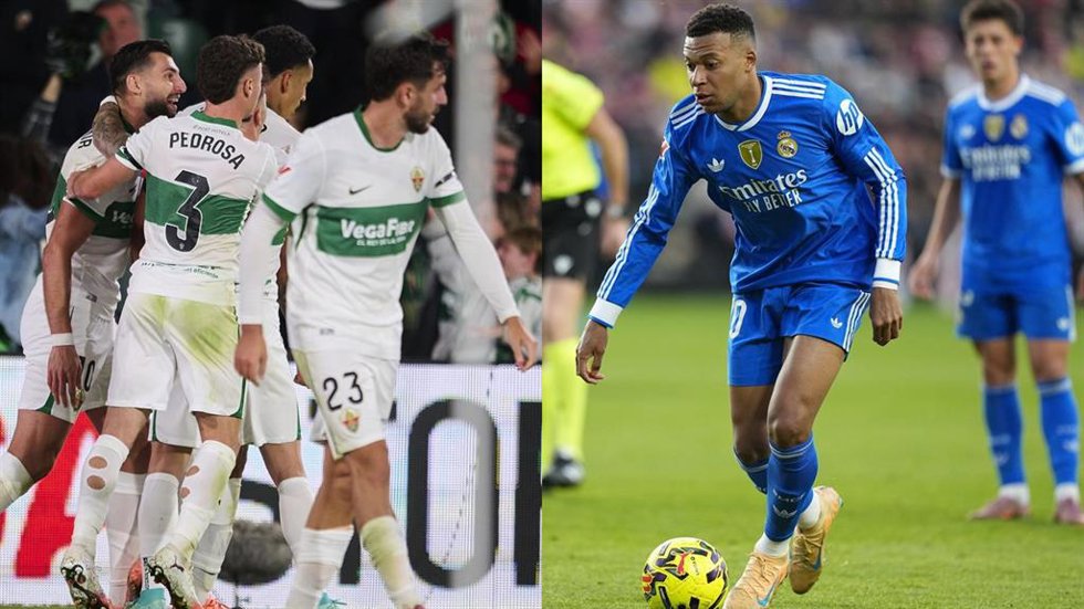 Los jugadores del Elche CF celebran un gol en el Martínez Valero, y Kylian Mbappé (Real Madrid) conduce el balón en el Estadio de Vallecas.