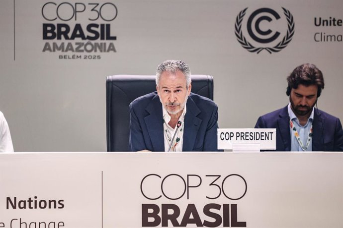 November 21, 2025, Belem, Brazil, Brazil: President of COP30, ANDRE CORREA DO LAGO speaks in the plenary room in response to the COP30 Mutirao draft, the main political decision text of the summit, which omitted fossil fuel transition commitments and deep