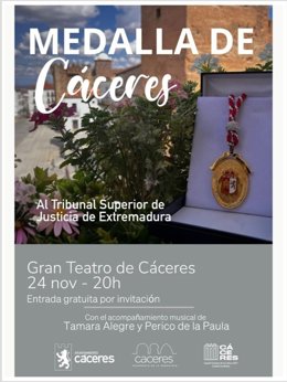 Cartel de entrega de la Medalla de Cáceres al TSJEx