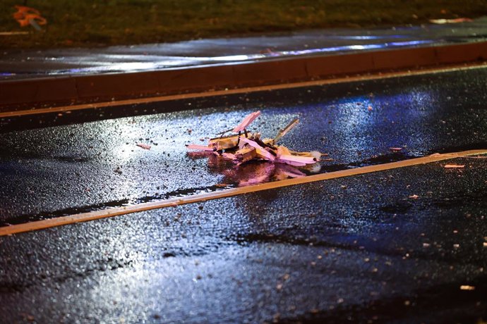 RUSSIA, MOSCOW REGION - OCTOBER 24, 2025: A view of a road near an apartment building in the town of Krasnogorsk damaged by drone fragments