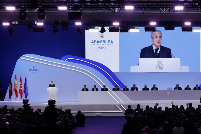 Florentino Perez, President of Real Madrid, attends during the Ordinary General Assembly of Representative Members of Real Madrid C.F. at Ciudad Deportiva Real Madrid on November 23, 2025, in Valdebebas, Madrid, Spain.