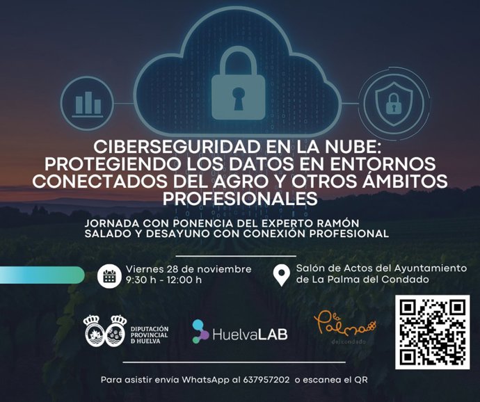 Cartel del ciclo 'Ciberseguridad en la nube: protegiendo los datos en entornos conectados del agro y otros ámbitos profesionales'.