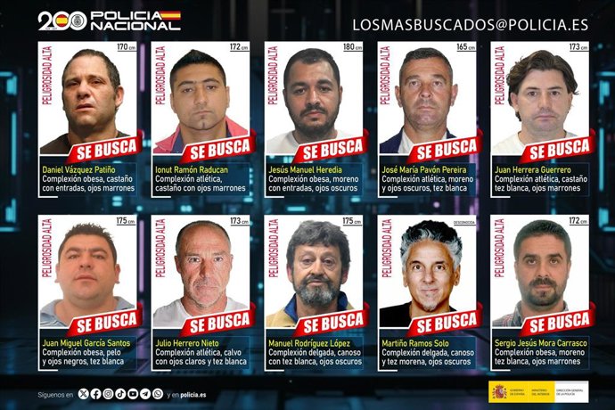 Los diez fugitivos más buscados en España y para los que la Policía Nacional pide la colaboración ciudadana.
