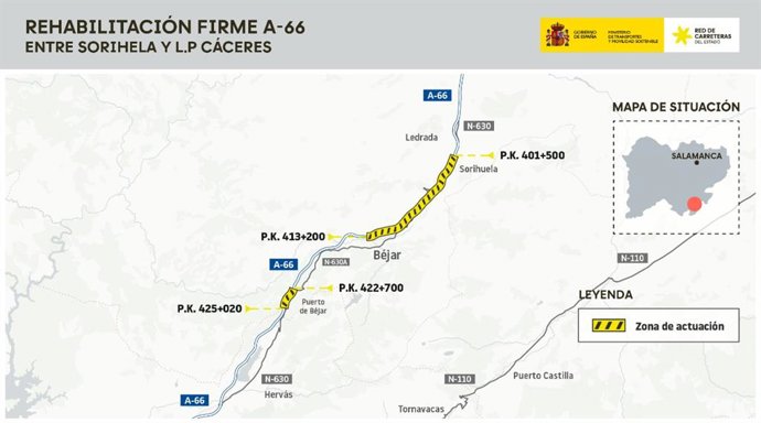 Plano de los tramos donde se actuará an la autovía Ruta de la Plata en la provincia de Salamanca.