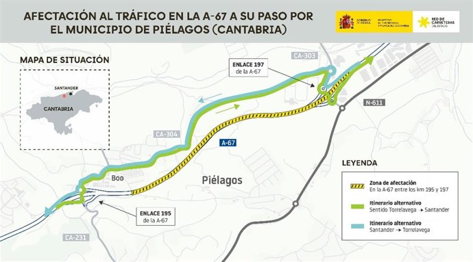 Dos tramos de la A-67 entre Polanco y Santander se cerrarán al tráfico durante esta noche en ambos sentidos