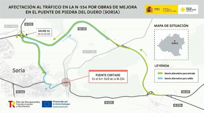 Afecciones al tráfico por las obvras en el Puente de Piedra de Soria capital.