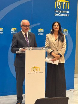 Los diputados del Grupo Nacionalista, José Alberto Díaz-Estébanez y Vidina Espino, en una rueda de prensa para abordar las conclusiones de la comisión de investigación sobre la compra de material sanitario