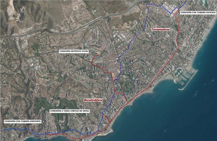 Mapa de la zona de actuación en Benalmádena y Torremolinos que contempla la actuación con el aprovechamiento de la antigua N-340 en las actuales avenidas del Sol y Antonio Machado (Benalmadena Costa) y Alcalde Miguel Escalona Quesada (Torremolinos).