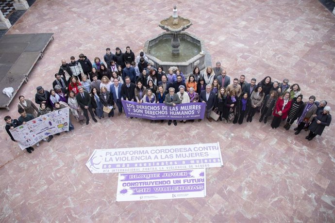 El presidente de la Diputación, Salvador Fuentes (centro), en la foto de familia con motivo del Pleno extraordinario por el 25N.
