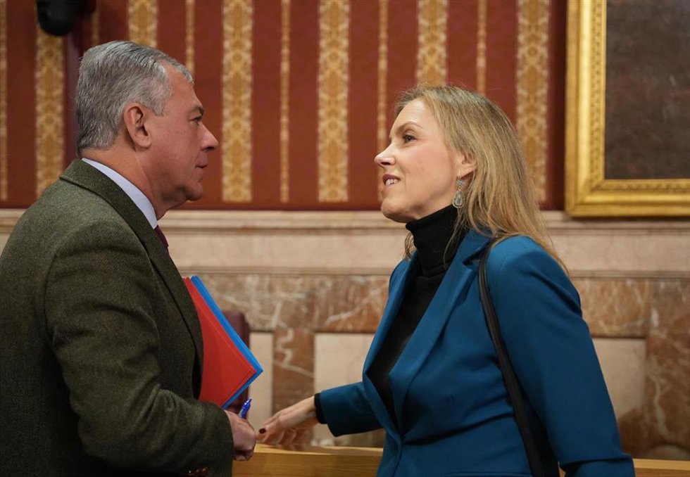 Archivo - El alcalde de Sevilla, José Luis Sanz (i), y la portavoz municipal de Vox, Cristiana Peláez (d) tras un pleno del Ayuntamiento. Imagen de archivo.