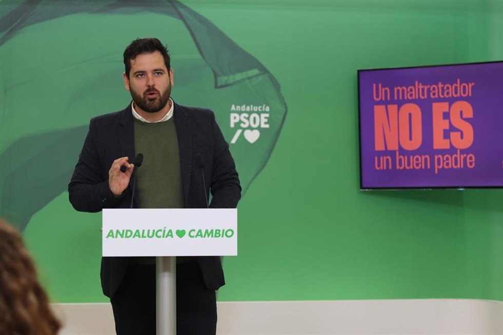 El secretario adjunto de Organización del PSOE-A, Alejandro Moyano, en rueda de prensa en la sede del PSOE-A en Sevilla.