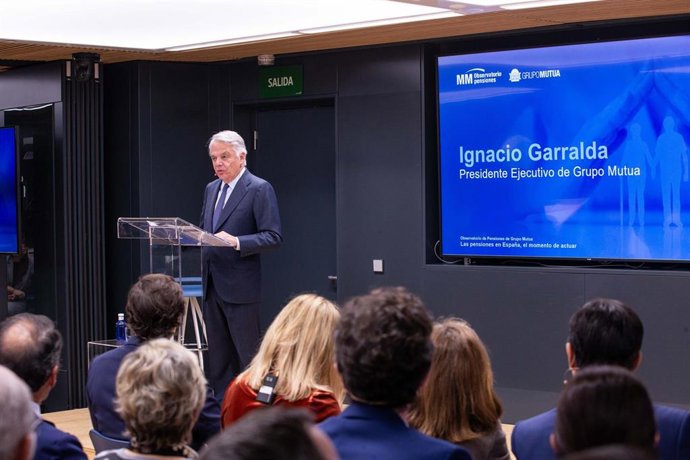 El presidente del Grupo Mutua Madrileña, Ignacio Garralda, durante el Observatorio de Pensiones organizado por la entidad, a 25 de noviembre de 2025, en Madrid (España).