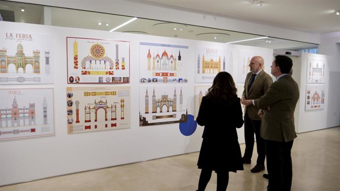 El delegado de Fiestas Mayores del Ayuntamiento de Sevilla, Manuel Alés, inaugura la exposición del concurso de ideas para la portada de la Feria de Abril 2026.