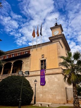 Lona desplegada en el Consolat de Mar contra la violencia machista por el 25N.