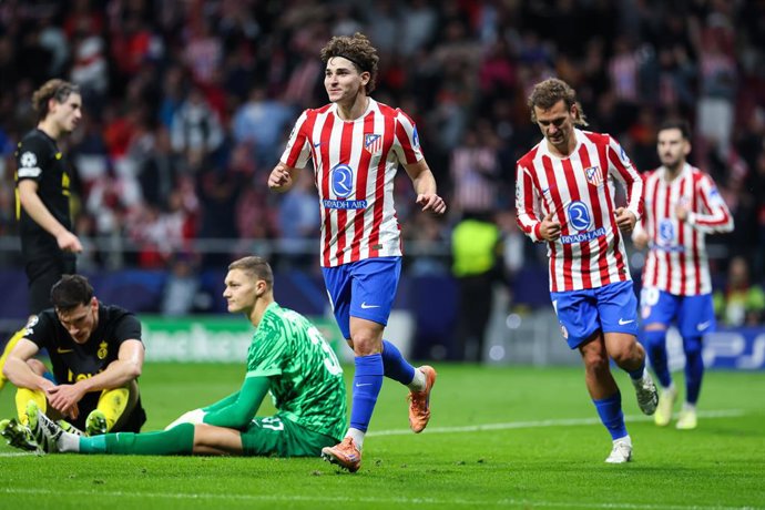 Julian Alvarez of Atletico de Madrid celebrates a goal during the UEFA Champions League 2025/26 League Phase MD4 match between Atletico de Madrid and R. Union Saint-Gilloise at Estadio Metropolitano on November 04, 2025 in Madrid, Spain.