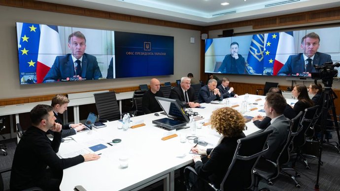 El presidente de Ucrania, Volodimir Zelenski, participa en un encuentro virtual de la Coalición de Voluntarios