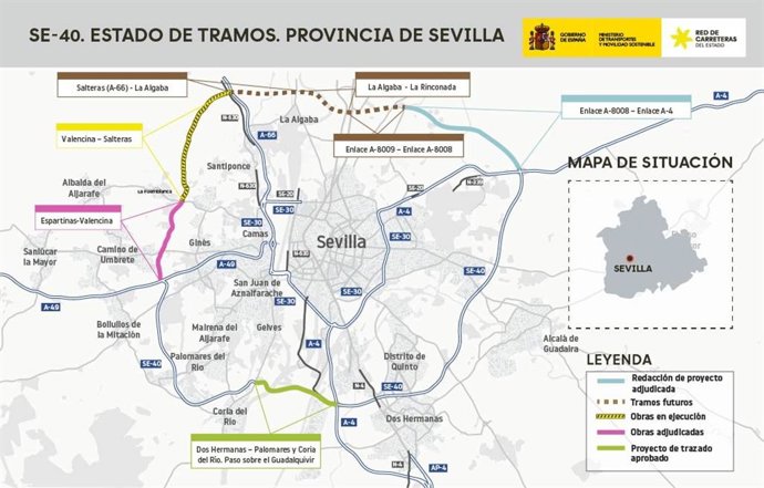 Mapa de los tramos de la SE-40 en la provincia de Sevilla.