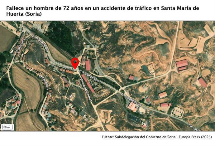Calle Torrehermosa en Santa María de Huerta (Soria), donde ha ocurrido el accidente de tráfico en el que ha fallecido un septuagenario.