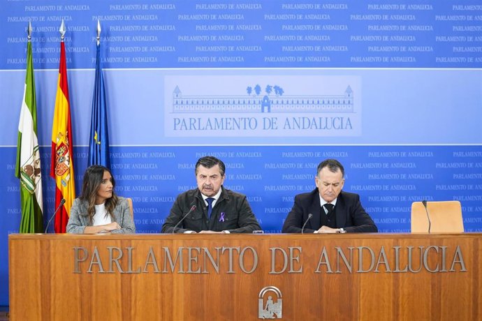 El portavoz del Grupo Parlamentario Popular, Toni Martín, durante la ronda de ruedas de prensa de portavoces de los grupos parlamentarios en el Parlamento de Andalucía, a 26 de noviembre de 2025 en Sevilla (Andalucía, España). Los portavoces de los grupos