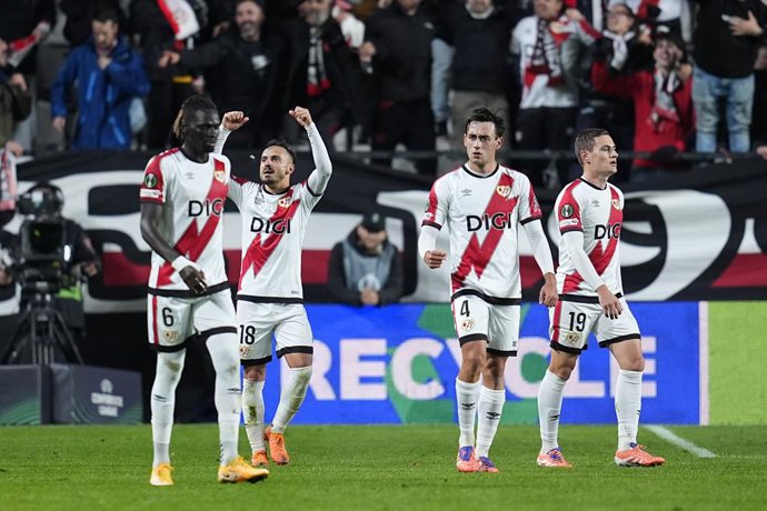 Alvaro Garcia of Rayo Vallecano celebrates a goal during the UEFA Conference League 2025/26 League Phase MD3 match between Rayo Vallecano de Madrid and KKS Lech Poznan at Estadio Vallecas on November 06, 2025 in Madrid, Spain.