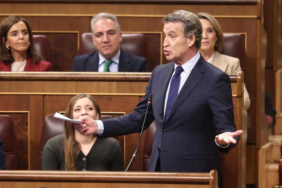 El presidente del Partido Popular, Alberto Núñez Feijóo, interviene durante una sesión de control al Gobierno, en el Congreso de los Diputados