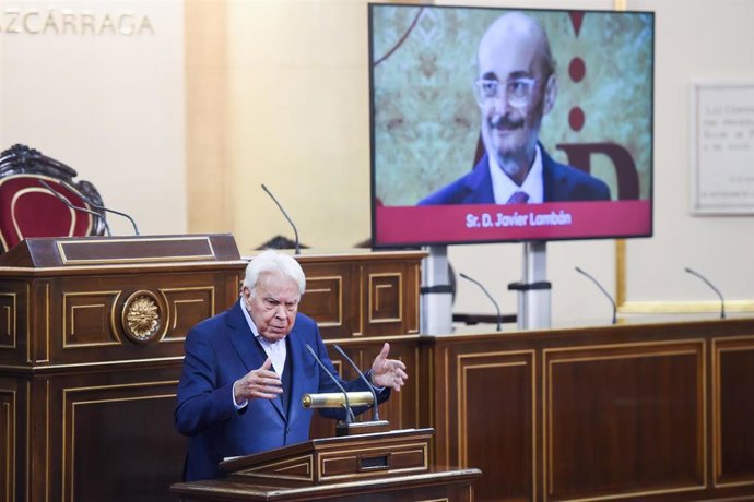 El expresidente del Gobierno, Felipe González, durante el acto homenaje a Javier Lambán, en el Senado. 