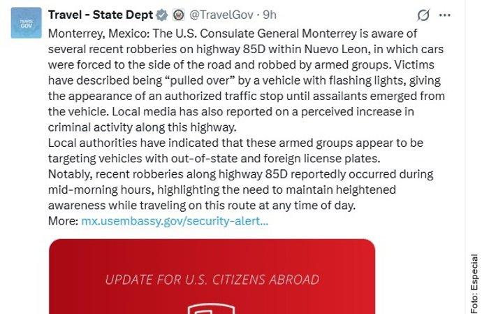 EE.UU. emite alerta por asaltos de grupos armados en la autopista a Laredo, Nuevo León; recomiendan precaución al viajar