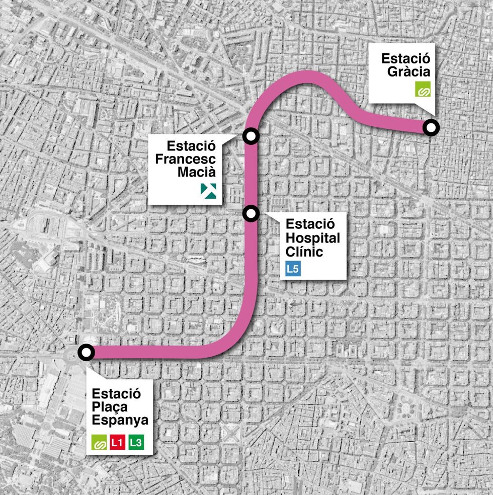 Archivo - Mapa de la prolongación de la L8 de los Ferrocarrils de la Generalitat de Catalunya (FGC) en Barcelona.