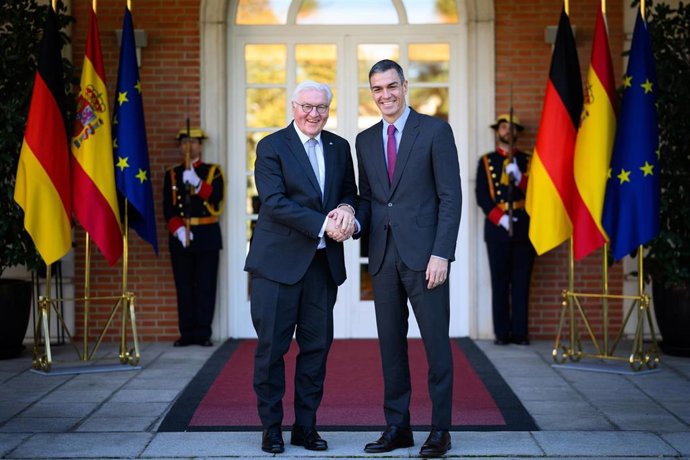 27 November 2025, Spain, Madrid: German President Frank-Walter Steinmeier (L) is welcomed by Spain's Prime Minister Pedro Sanchez at the Prime Minister's official residence. Photo: Bernd von Jutrczenka/dpa