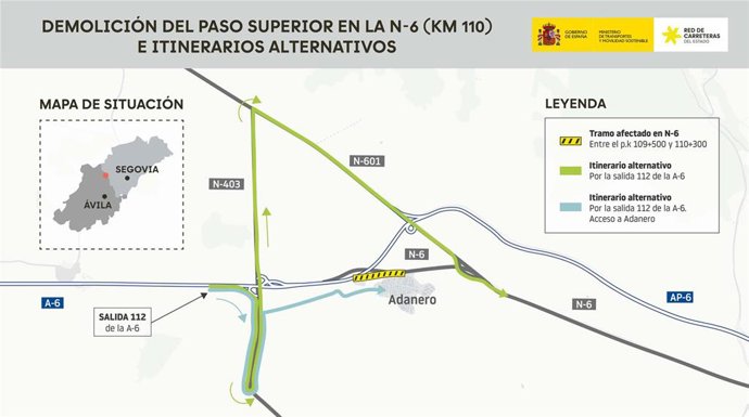 Transportes ejecuta la demolición de un paso superior en la carretera N-6 a su paso por Adanero (Ávila)