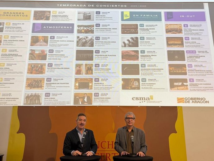 El director general de Planificación, Centros y FP, Luis Mallada, y el director del CSMA, César Peris, han presentado la nueva temporada de conciertos.
