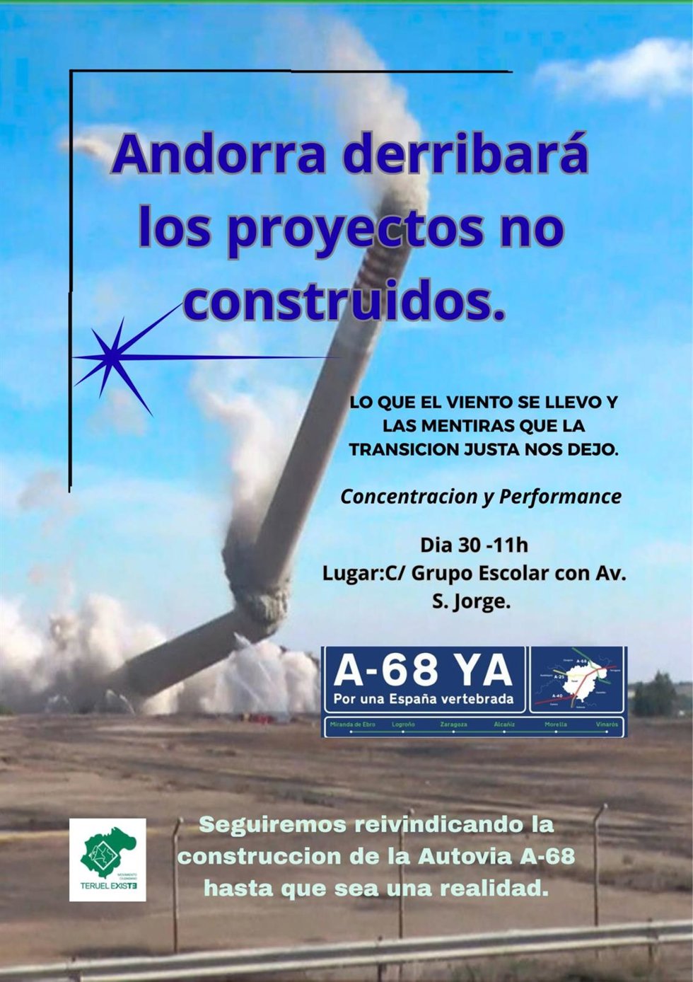 Cartel de la concentración convocada por el Movimiento Ciudadano Teruel Existe para este domingo en Andorra.