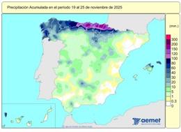 España registra 135 l/m2 de lluvias acumuladas desde el 1 de octubre, un 4% menos de lo normal.