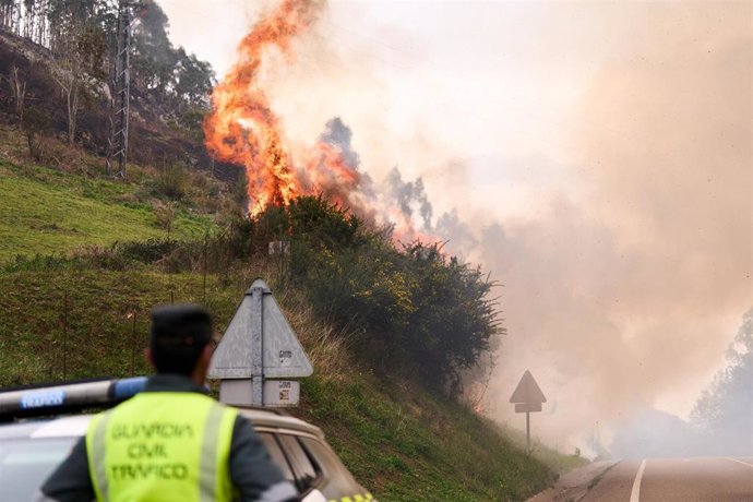 Un agente observa como el fuego se acerca a la carretera CA170 por un Incendio forestal en Puente Viesgo, a 13 de noviembre de 2025, en Cantabria (España). 