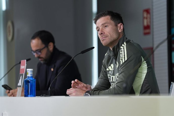 Xabi Alonso, head coach of Real Madrid, attends his press conference during the training day of Real Madrid ahead the Spanish League, LaLiga EA Sports, football match against Elche CF at Ciudad Deportiva Real Madrid on November 22, 2025, in Valdebebas, Ma