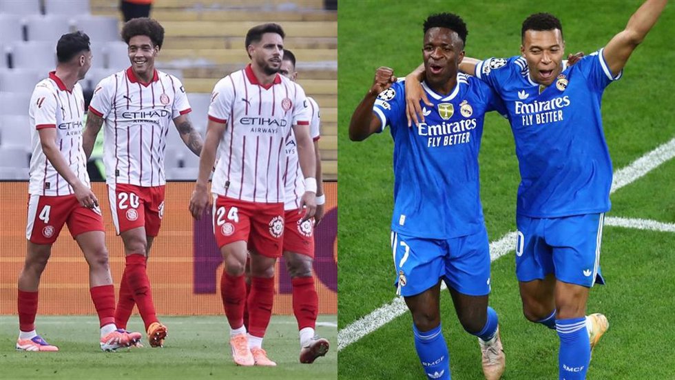 Los jugadores del Girona FC celebran un gol en Montjuc y Vinícius Júnior y Kylian Mbappé festejan un gol del francés ante el Olympiacos.