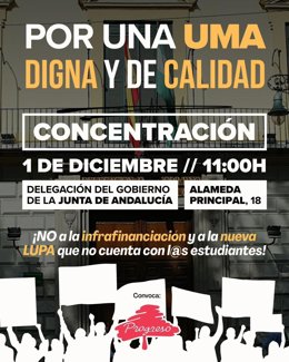 Cartel de la concentración programada para el lunes, 1 de diciembre, bajo el lema 'NO a la infrafinanciación y a la nueva LUPA que no cuentan con l@s estudiantes' en la Universidad de Málaga (UMA).