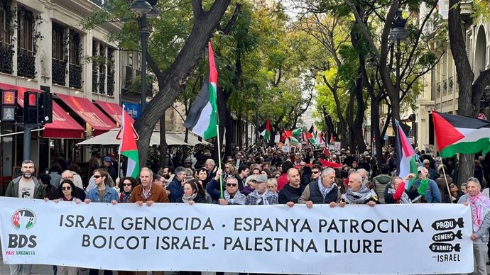 Una nueva manifestación recorre este domingo el centro de València para pedir la "ruptura total" con Israel y el fin del genocidio en Gaza