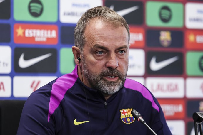 Hansi Flick, head coach of FC Barcelona, attends his press conference during the training day of FC Barcelona ahead the Spanish League, La Liga EA Sports, football match against Deportivo Alaves at Ciudad Esportiva Joan Gamper on November 28, 2025 in Sant