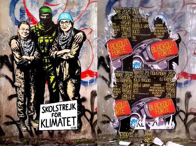 Vandalizan un mural en Roma de Greta Thunberg junto a un miliciano de Hamás, según denuncia el artista