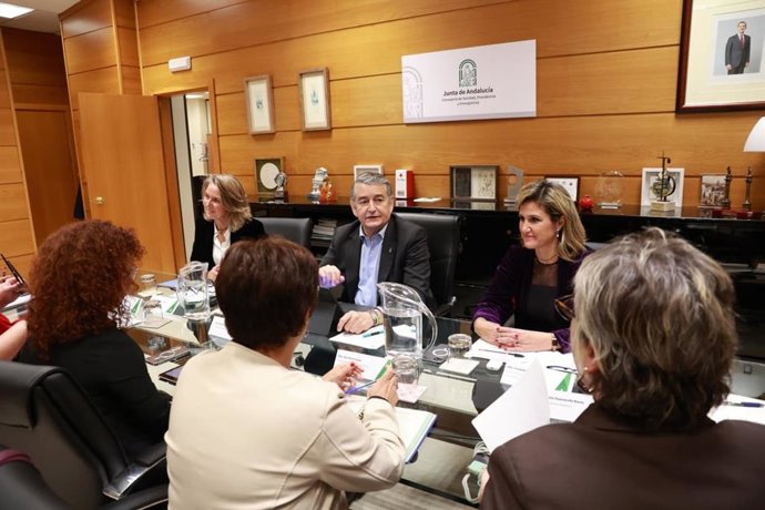 El consejero de Sanidad, Presidencia y Emergencias, Antonio Sanz durante su reunión con la presidente de Cermi-Andalucía, Rafaela Chounavelle.