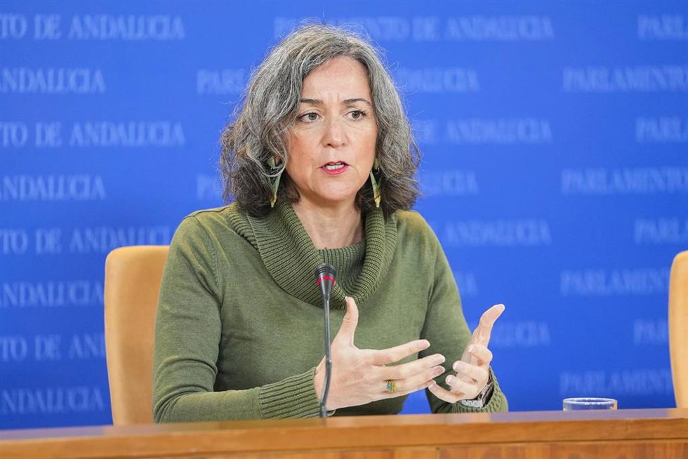 La portavoz adjunta del Grupo Mixto-AdelanteAndalucía, Begoña Iza, durante la ronda de ruedas de prensa de portavoces de los grupos parlamentarios en el Parlamento de Andalucía, a 2 de diciembre de 2025 en Sevilla (Andalucía, España). Los portavoces de 