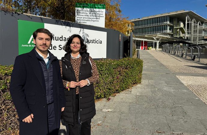 El vicesecretario de Justicia, Administración Pública y Transparencia del PP de Sevilla, Néstor García, junto a la diputada autonómica del PP provincial, Virginia Pérez.