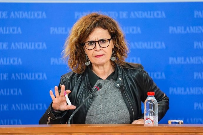 La diputada del Grupo Por Andalucía Esperanza Gómez, este martes en rueda de prensa en el Parlamento.