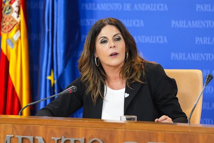La portavoz adjunta del Grupo Parlamentario Socialista, Ángeles Férriz, durante la ronda de ruedas de prensa de portavoces de los grupos parlamentarios en el Parlamento de Andalucía, a 2 de diciembre de 2025 en Sevilla (Andalucía, España). Los portavoces 
