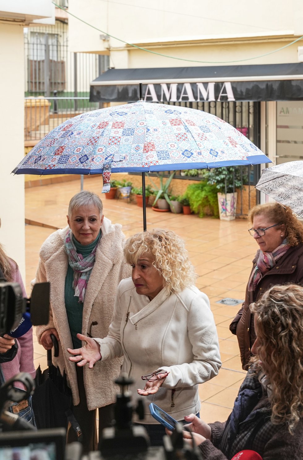La presidente de Amama Sevilla, Ángela Claverol, atiende a los medios tras conocer el archivo de las diligencias de investigación abiertas por la denuncia presentada por la asociación. A 2 de diciembre de 2025, en Sevilla (Andalucía, España).
