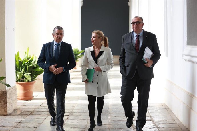 La consejera de Economía, Hacienda, Fondos Europeos y Diálogo Social, Carolina España, el consejero de Sanidad, Presidencia y Emergencias, Antonio Sanz, y el consejero de Turismo y Andalucía Exterior, Arturo Bernal.