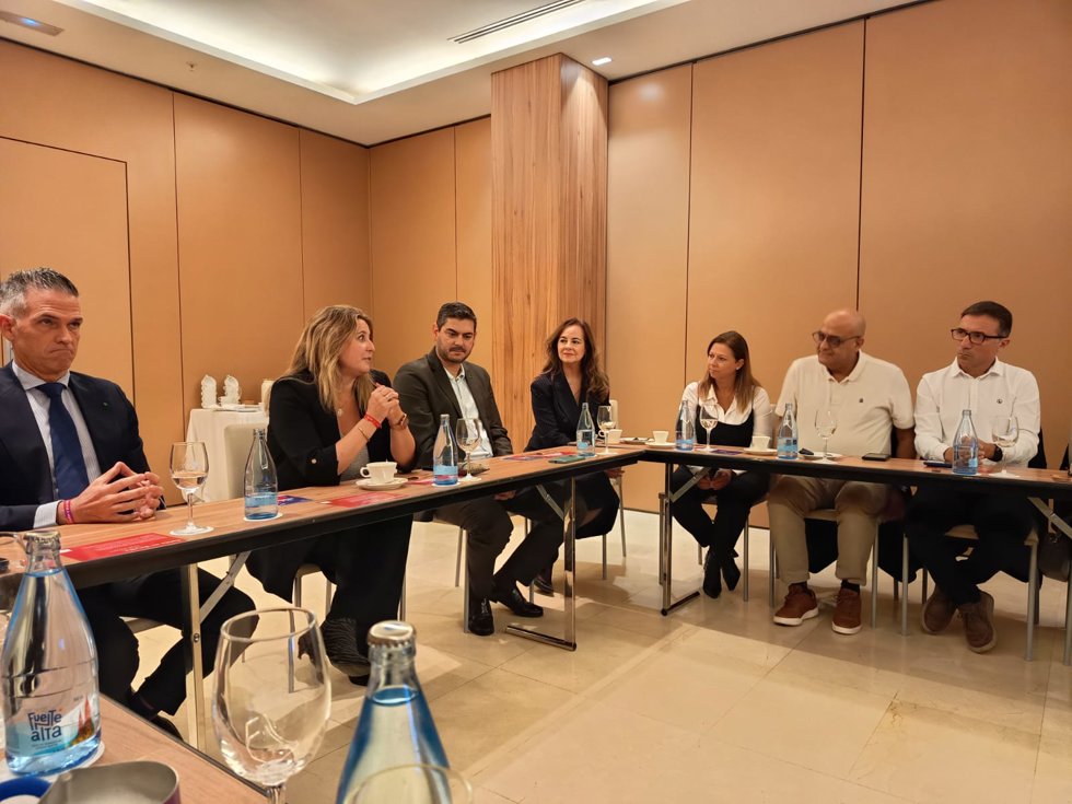 La delegada municipal de Turismo de Sevilla, Angie Moreno, y el director de Programación, Gestión de Ingresos y Alianzas de Binter, Jonay Lobo, en el centro, en la presentación de la ruta área con Canarias, en un céntrico hotel de Tenerife.